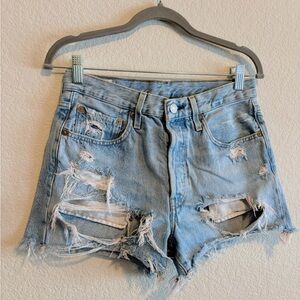 Levi’s 501 Distressed Light Blue Denim Shorts